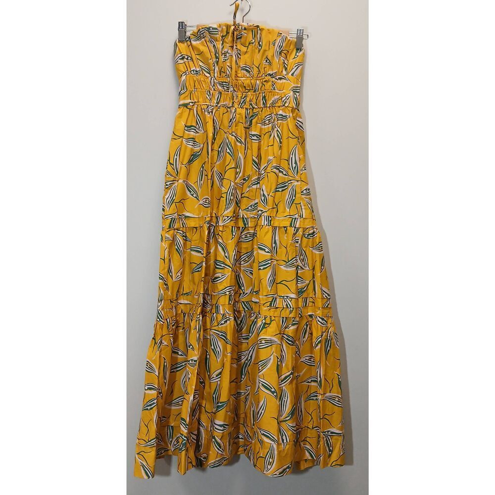 Anthropologie womens small long maxi dress strapless tiered mustard yellow